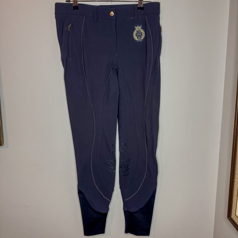 Horze Crescendo Navy Full Seat Equestrian Riding Breeches Embroidered Logo